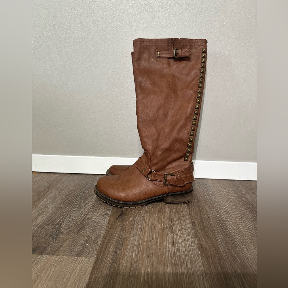 Breckelle Trooper Brown Studded Buckle Riding Knee High Boot - Picture 5 of 13
